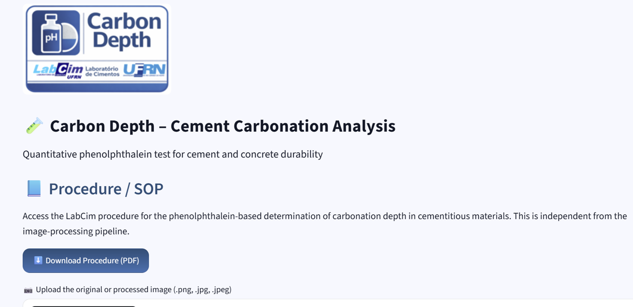 Interface do aplicativo Carbon Depth para análise da profundidade de carbonatação.