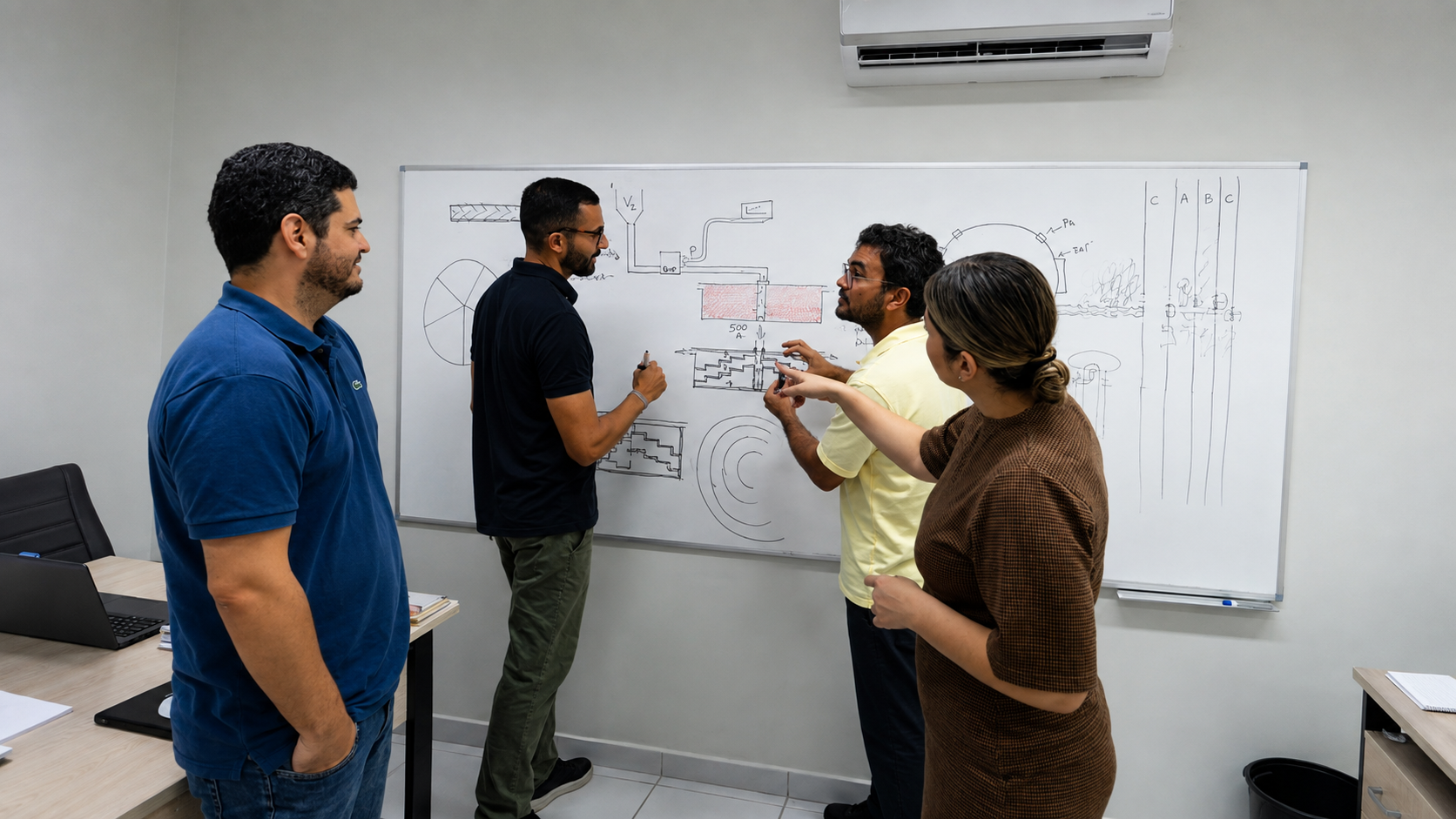 Quatro pesquisadores discutem diagramas técnicos em um quadro branco durante uma reunião.