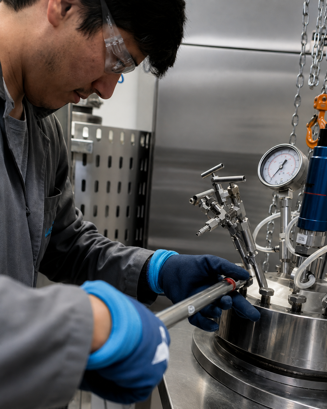 Pesquisador com óculos de proteção e luvas ajusta um equipamento de ensaio em alta pressão e alta temperatura (HPHT).