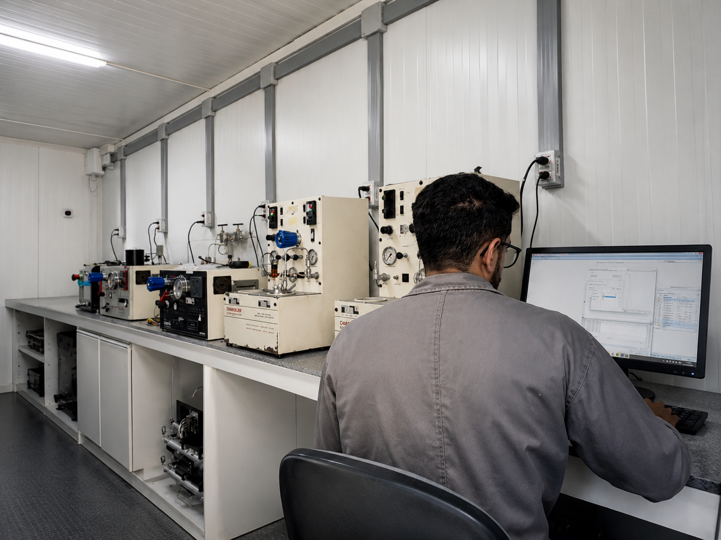 Pesquisador trabalha em uma estação ao lado de uma fileira de instrumentos de ensaio no laboratório do LabCim.
