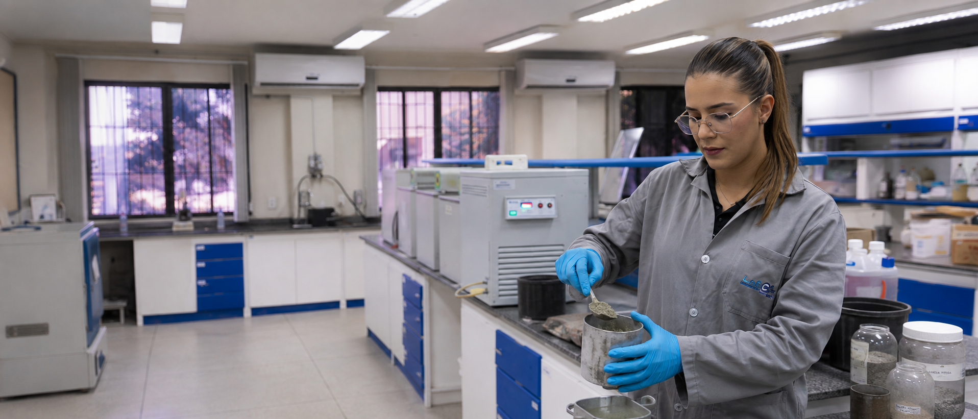 Pesquisadora com óculos de proteção e luvas prepara uma pasta cimentícia no laboratório do LabCim.
