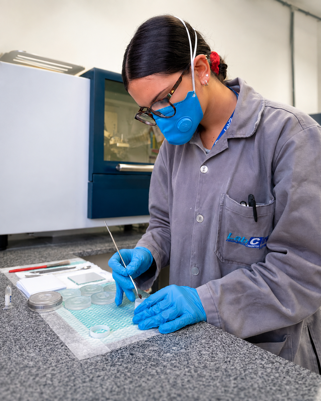 Pesquisadora com jaleco, óculos de proteção, máscara e luvas trabalha com uma amostra em bancada de laboratório.