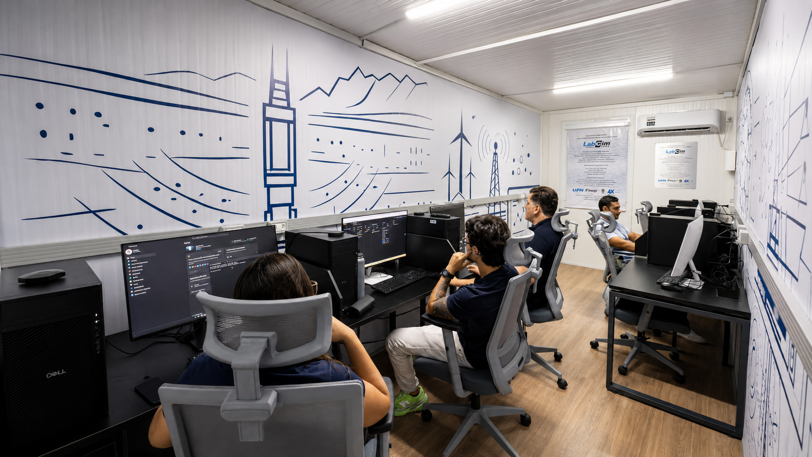 Ambiente LabCimTech com pessoas trabalhando em estações de computador.
